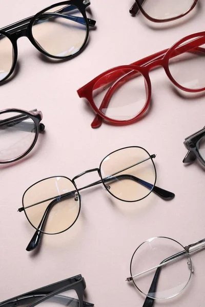 Many Different Stylish Glasses Light Grey Background Flat Lay — Stock Photo, Image