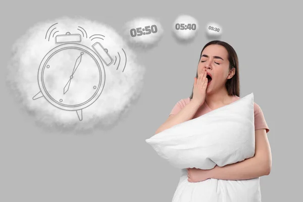 Suffering from insomnia. Woman with pillow yawning and thinking about time available to sleep on light grey background. Thought clouds with different time and illustration of alarm clock