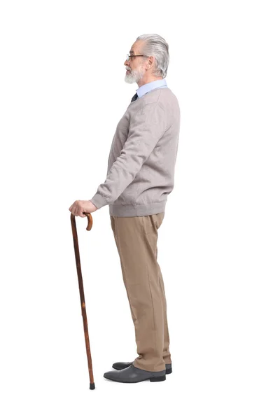 Älterer Mann Mit Gehstock Auf Weißem Hintergrund — Stockfoto