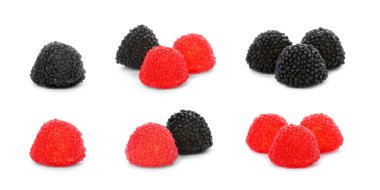 Çiğnenmiş şeker seti beyaza izole edilmiş.