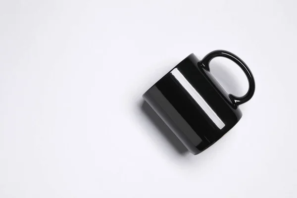 Black Ceramic Mug Light Grey Background Top View Space Text — Stock Photo, Image