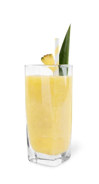 Bicchiere Gustoso Frullato Ananas Isolato Bianco — Foto Stock