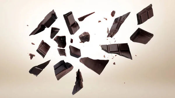 Σπασμένα Κομμάτια Σοκολάτας Που Πέφτουν Μπεζ Φόντο Banner Design — Φωτογραφία Αρχείου