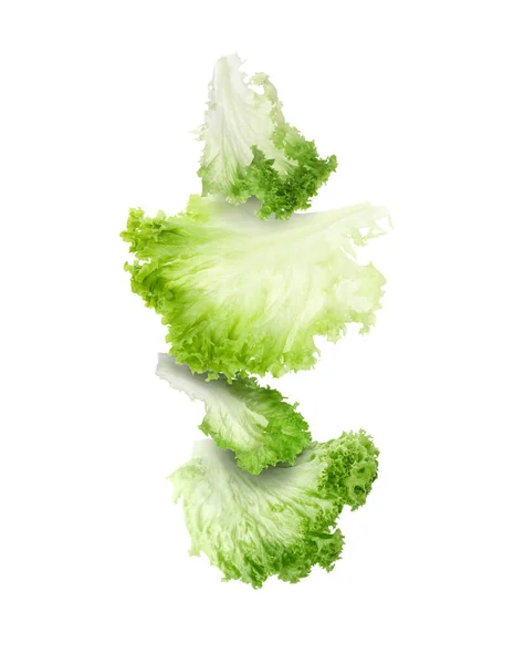Frische Grüne Salatblätter Fallen Auf Weißem Hintergrund — Stockfoto