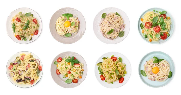 Set Different Pasta Dishes Isolated White Top View — Stock Photo, Image