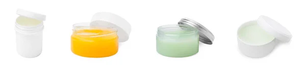 Collage Different Petroleum Jellies Jars White Background Cosmetic Petrolatum — Stock Photo, Image