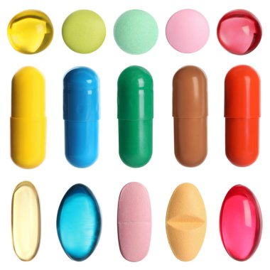 Beyaza izole edilmiş farklı haplar.