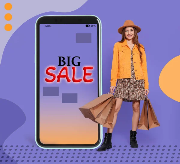 stock image Sale flyer design. Happy stylish woman with shopping bags and huge smartphone on color background