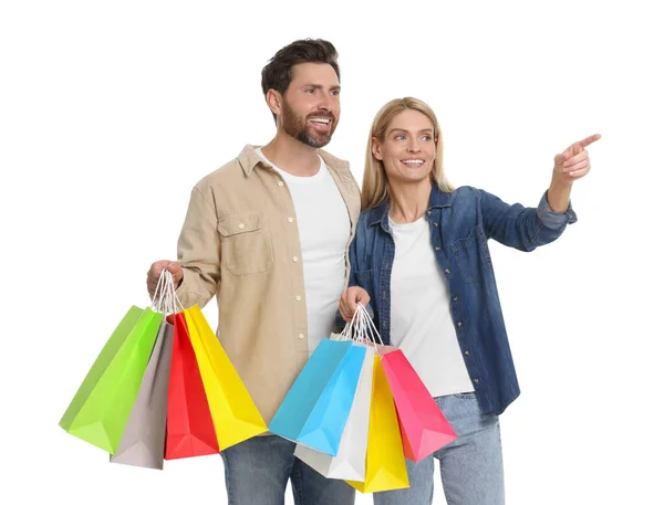 Family Shopping Happy Couple Many Colorful Bags White Background — 图库照片