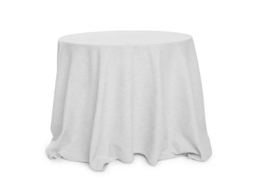 Beyaz masa örtüsü olan masa beyaza izole edilmiş.