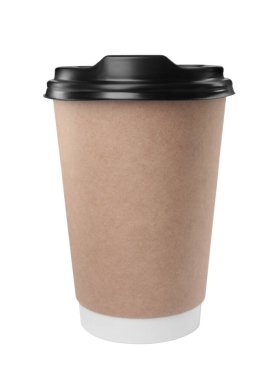 Paper cup with plastic lid isolated on white. Coffee to go