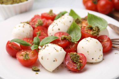 Domatesli Caprese salatası, mozzarella topları ve tabakta fesleğen, yakın plan.
