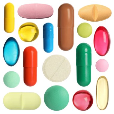 Beyaza izole edilmiş farklı haplar.