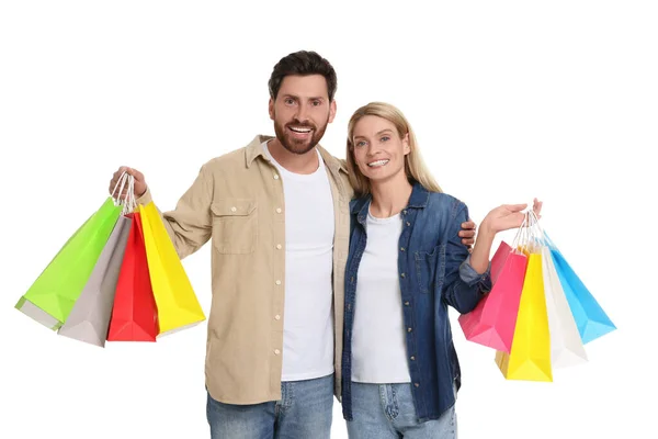Family Shopping Happy Couple Many Colorful Bags White Background —  Fotos de Stock