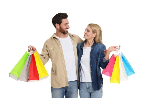 Family Shopping Happy Couple Many Colorful Bags White Background — Stok fotoğraf