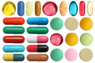 Beyaza izole edilmiş farklı haplar.