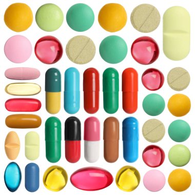 Beyaza izole edilmiş farklı haplar.