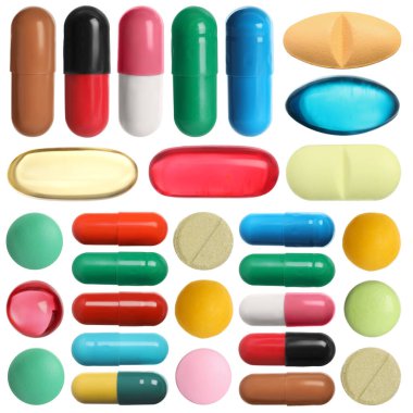 Beyaza izole edilmiş farklı haplar.