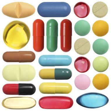 Beyaza izole edilmiş farklı haplar.