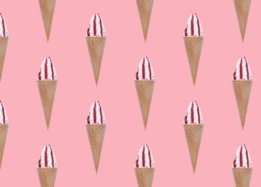 Pattern with ice cream on pastel pink background