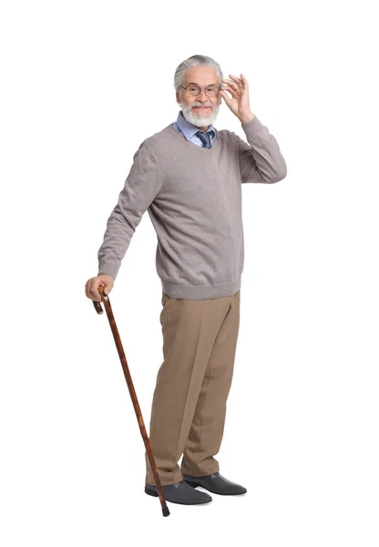 白い背景に杖を持つシニア男 — ストック写真