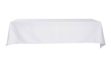 Beyaz masa örtüsü olan masa beyaza izole edilmiş.
