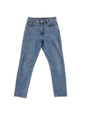 Blue jeans isolated on white, top view. Stylish clothes