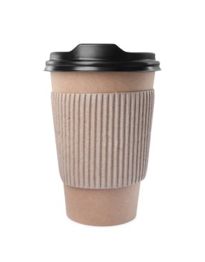 Paper cup with plastic lid isolated on white. Coffee to go