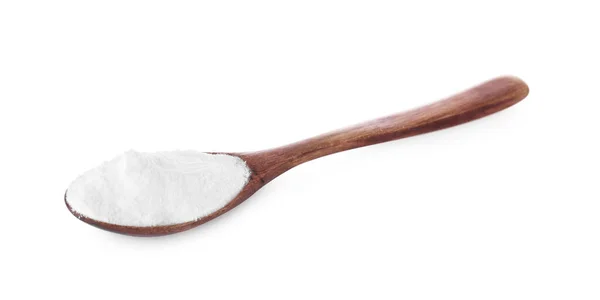 stock image Wooden spoon with sweet fructose powder isolated on white