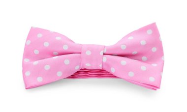 Stylish pink bow tie with polka dot pattern on white background