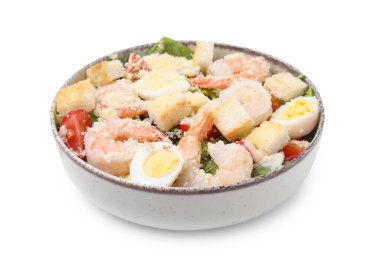 Delicious Caesar salad with shrimps isolated on white