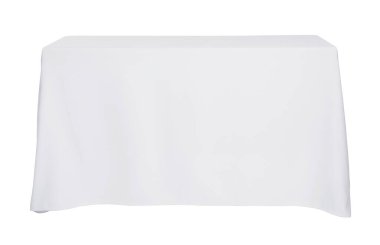 Beyaz masa örtüsü olan masa beyaza izole edilmiş.
