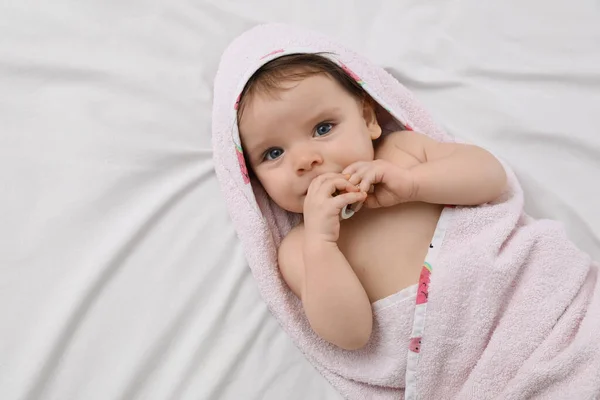 Cute Little Baby Pacifier Hooded Towel Bathing Bed Top View — Stock Photo, Image