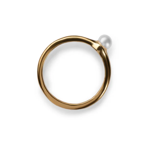 Elegante Ring Met Parels Geïsoleerd Wit Bovenaanzicht — Stockfoto