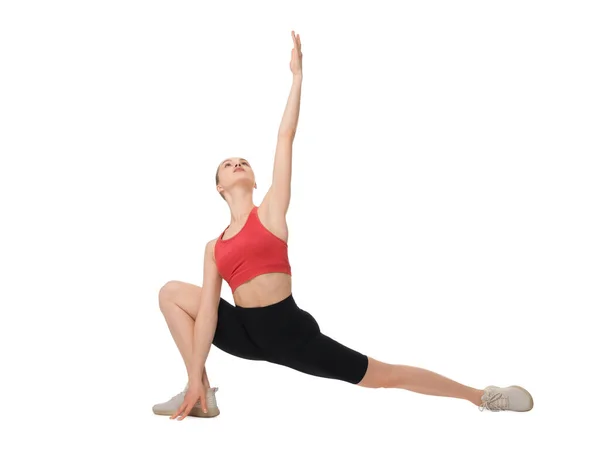 Entrenamiento Yoga Mujer Joven Estirándose Sobre Fondo Blanco —  Fotos de Stock