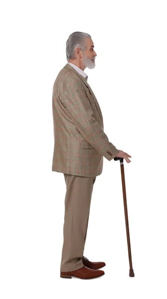 Uomo Anziano Con Bastone Passeggio Sfondo Bianco — Foto Stock