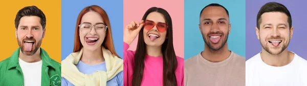 Collage Mit Fotos Von Menschen Die Ihre Zunge Auf Verschiedenfarbigen — Stockfoto