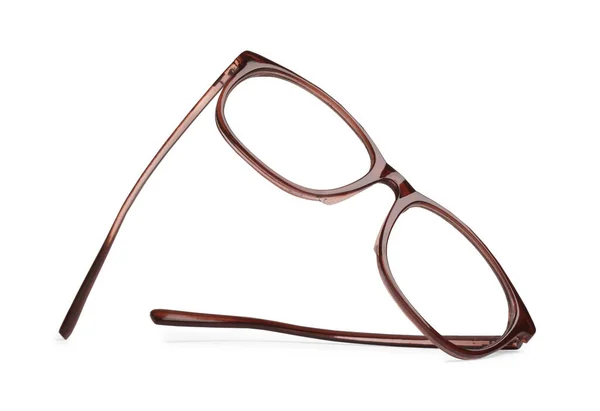 Stilvolle Brille Mit Braunem Rahmen Isoliert Auf Weiß — Stockfoto