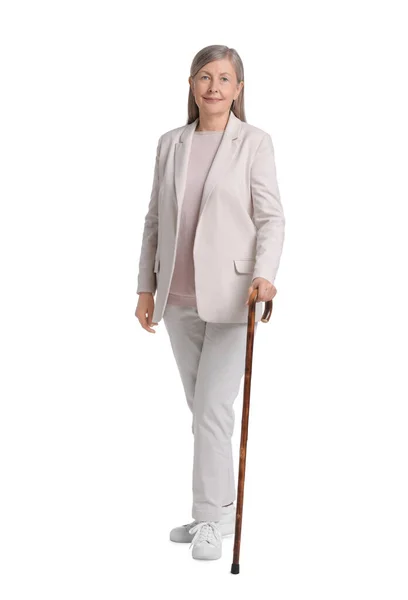 Senior Kvinne Med Stokk Hvit Bakgrunn – stockfoto