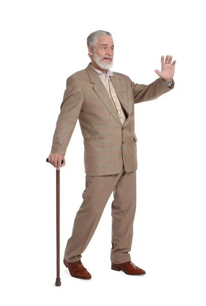 Senior Man Walking Cane Waving White Background — Stock Photo, Image