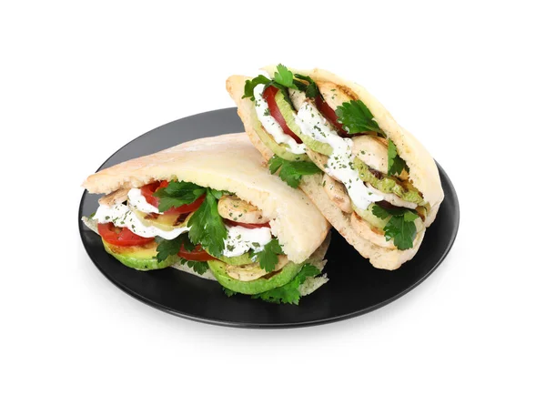 Placa Deliciosos Sándwiches Pita Con Verduras Parrilla Salsa Crema Agria —  Fotos de Stock