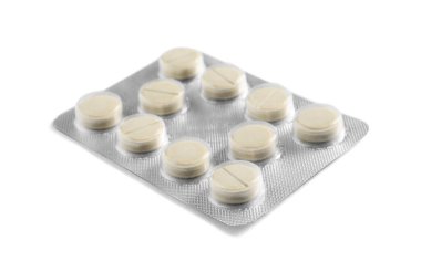 Beyaz arka planda hapların kabarcığı. Tıbbi tedavi