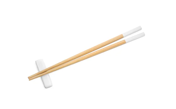 Pair Wooden Chopsticks Rest Isolated White Top View — Stock Photo, Image