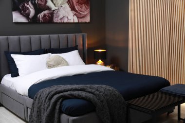 Lamba, kanepe ve odada yastıklar olan rahat bir yatak. Şık iç mekan