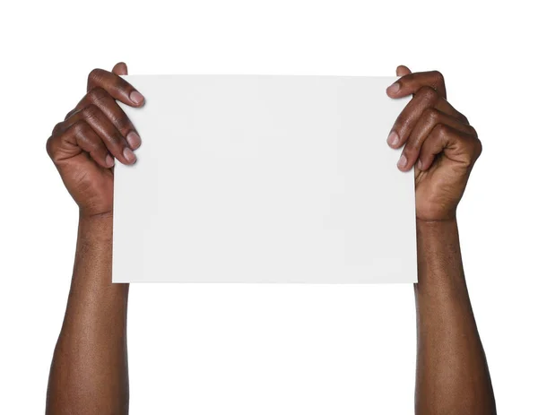 Hombre Afroamericano Sosteniendo Hoja Papel Sobre Fondo Blanco Primer Plano —  Fotos de Stock