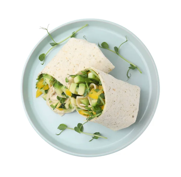 ホワイト トップビューで孤立した新鮮な野菜と美味しいサンドイッチラップ — ストック写真
