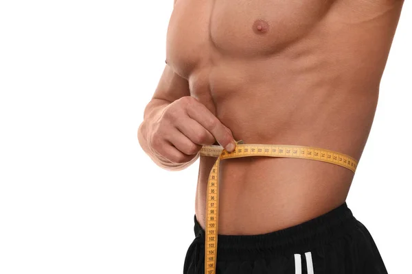 Atletische Man Meten Taille Met Tape Witte Achtergrond Close Gewichtsverlies — Stockfoto