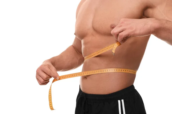 白い背景にテープで腰を測定アスレチックマン クローズアップ 減量の概念 — ストック写真