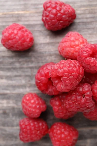 Tasty Ripe Raspberries Wooden Table Top View — Stock Photo, Image
