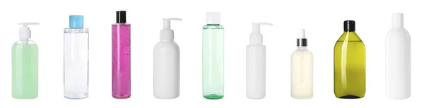 Conjunto Diferentes Produtos Limpeza Facial Outros Produtos Cosméticos Isolados Branco — Fotografia de Stock